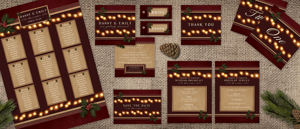 A warm festive design, in rich burgundy tones with tartan trimming and romantic fairy lights.