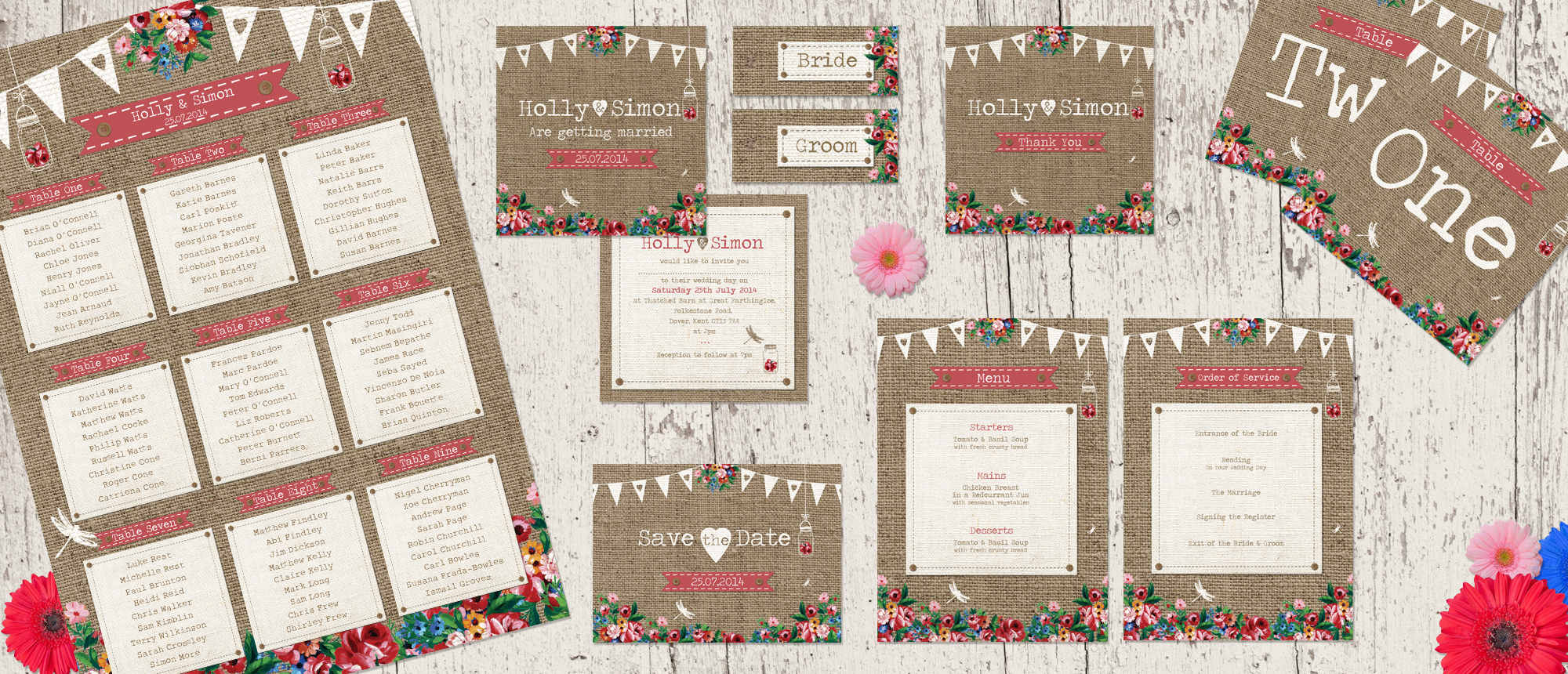A rustic, enchanted woodland design with a screen-printed effect of bunting and colourful blooms layered on a contrasting hessian backdrop.
