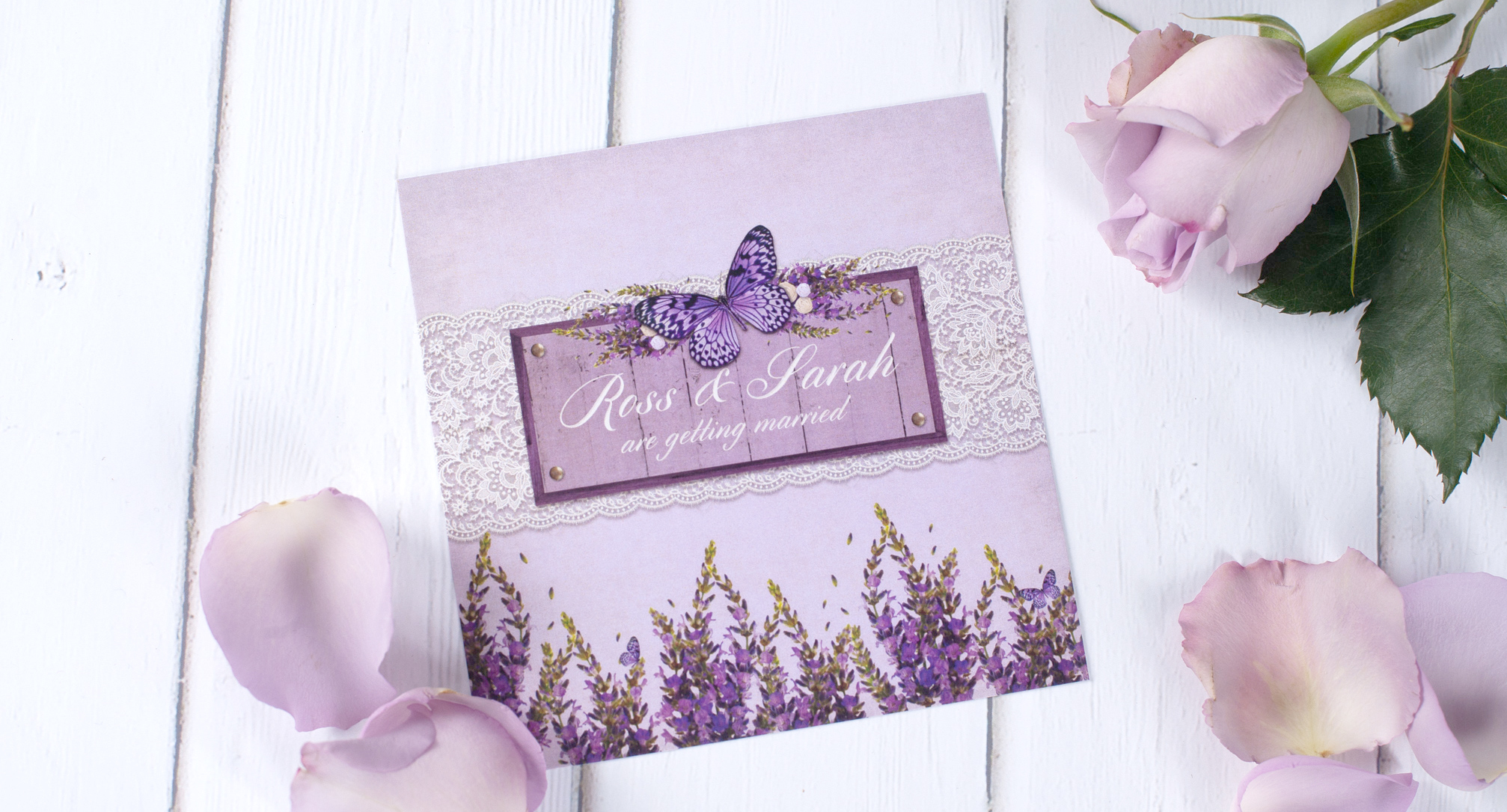 A lavender country garden themed wedding invitation