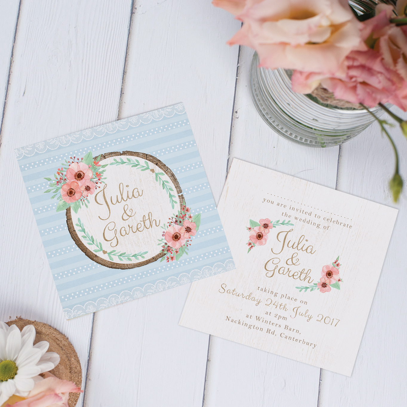 Enchanted Woods spring wedding invite with wood log detail