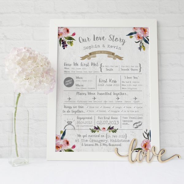 Love Story Print White Wood | Heart Invites | Beautiful Personalised Wedding Stationery