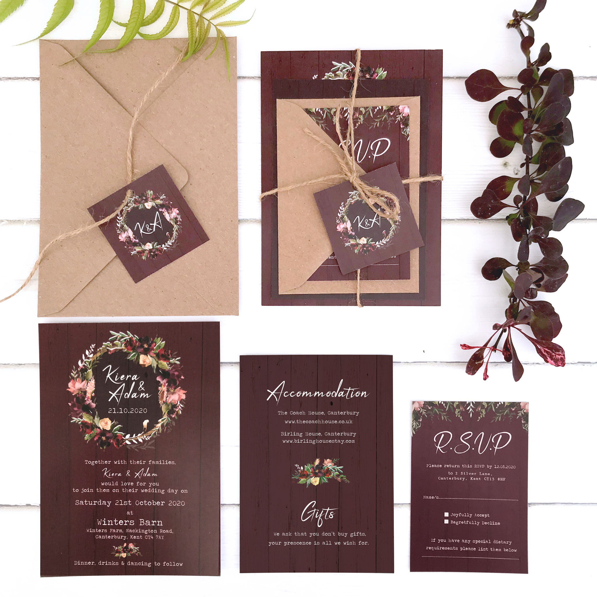 Burgundy Bloom Wedding Invitation | Heart Invites | Beautiful Personalised Wedding Stationery