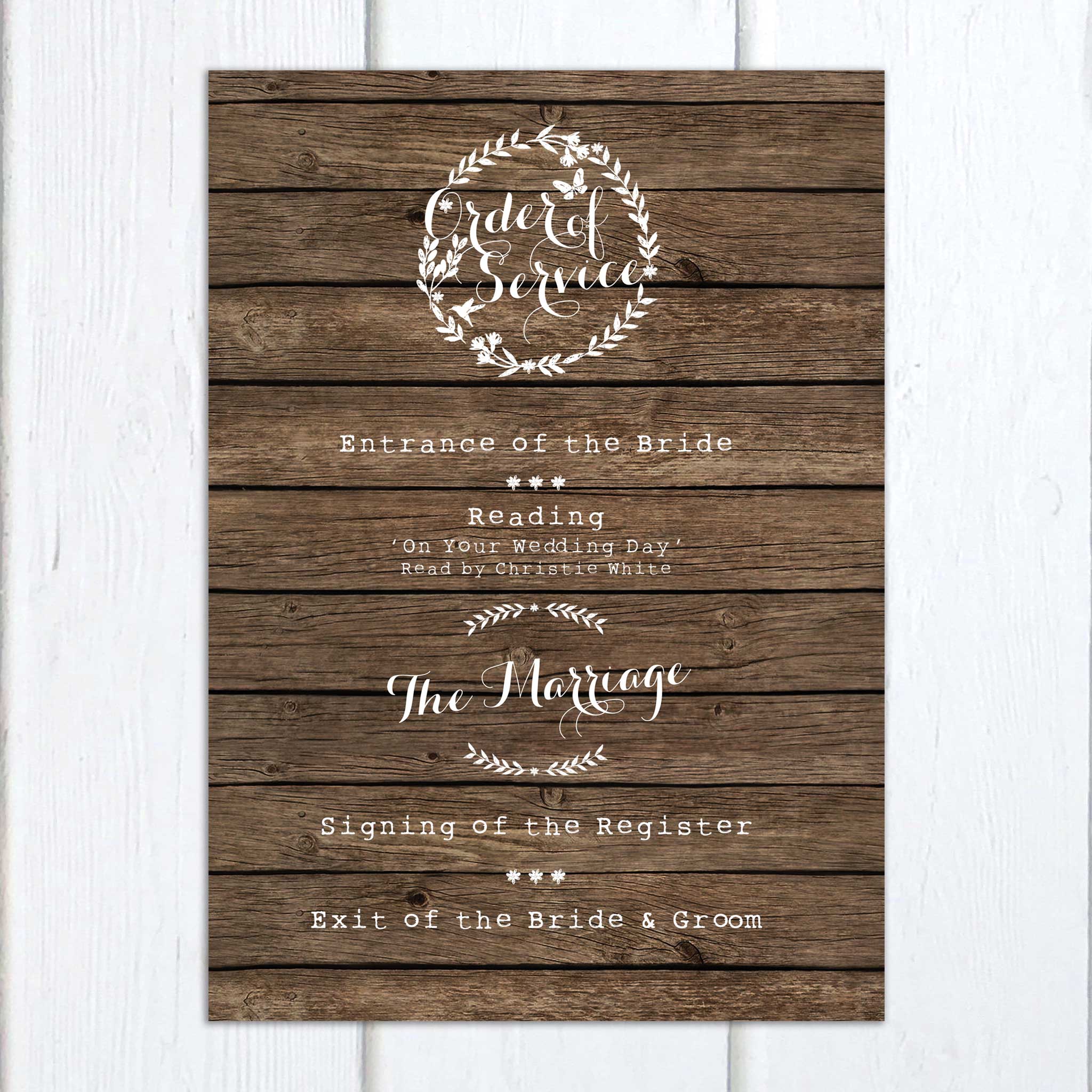 Rustic Barn On the Day Stationery Order of Service | Heart Invites | Beautiful Personalised Wedding Stationery
