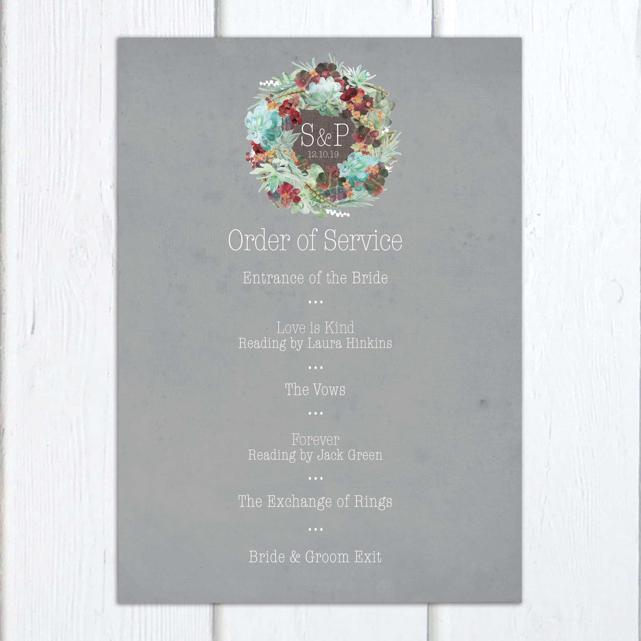 Succulent Wreath On the Day Wedding Stationery | Heart Invites | Beautiful Personalised Wedding Stationery
